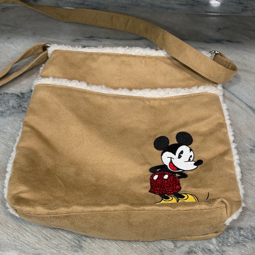 Beige Suede Crossbody Bag with Mickey Embroidery